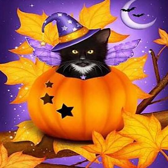 Sparkly Selections Cat in Pumpkin with Witch Hat Diamond Painting Kit
